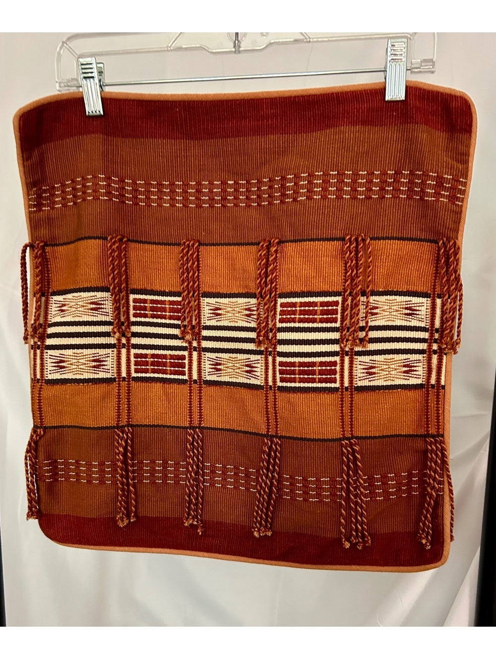 Shyam Ahuja India Cotton Pillow Cover Boho Geometric Tassel Rust Brown 16x16